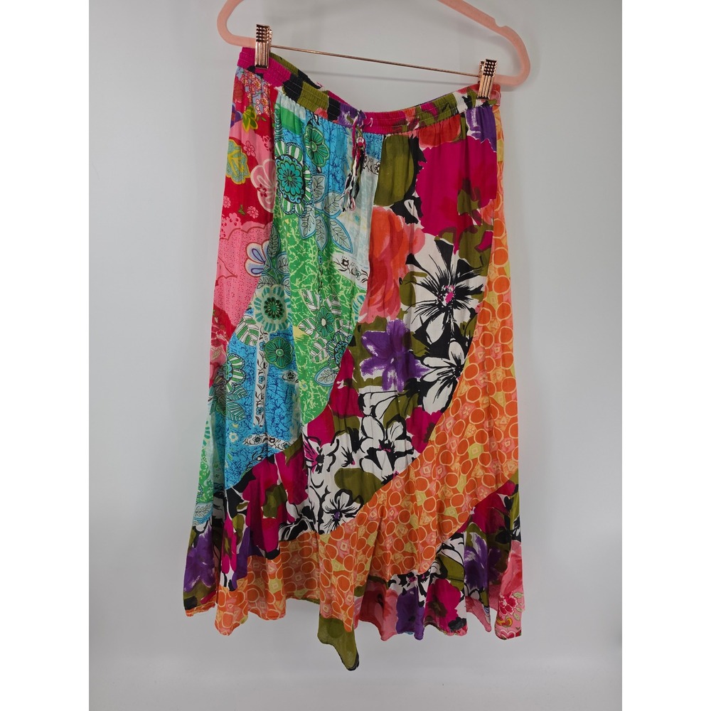 Passports Womens Floral Patchwork Midi Skirt Multi-Color Boho Elastic Waist L